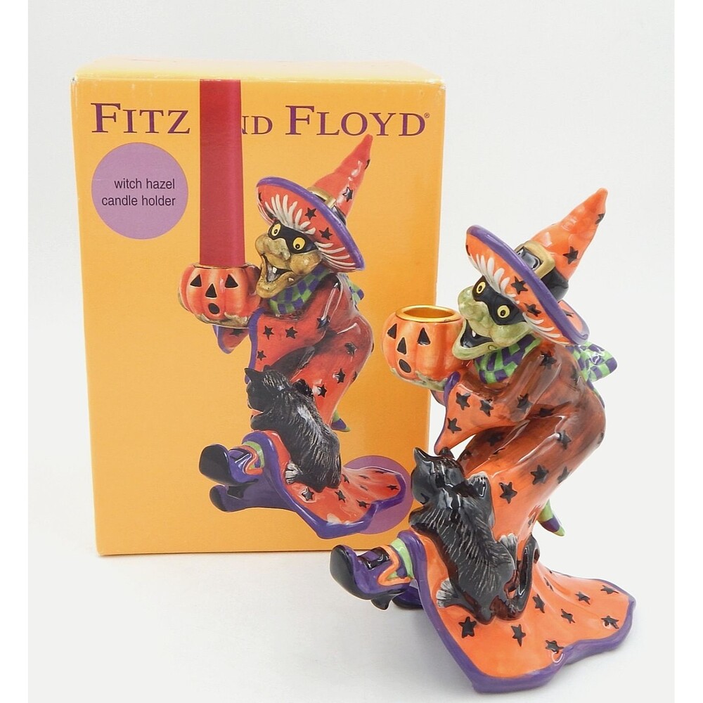 Fitz & Floyd Tall Witch Hazel Halloween Cat Pumpkin Candlestick Holder Figurine